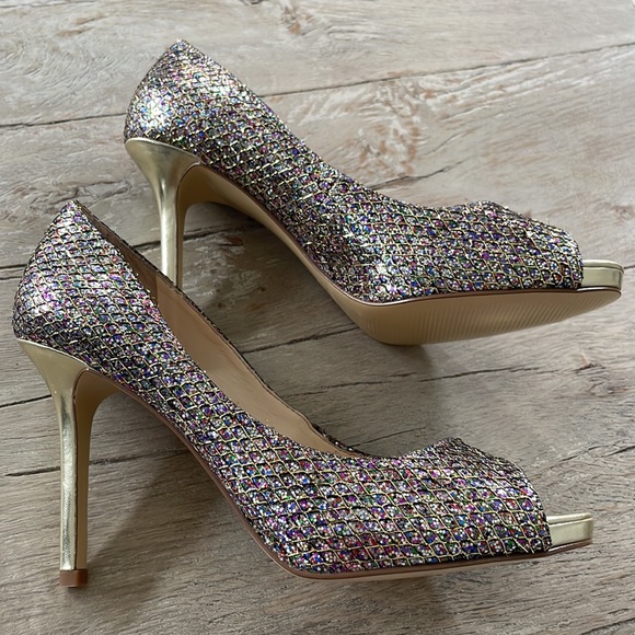 Sparkly Gold Multi colored High Heel Peep Toe Shoes sz 8 Formal Heels - Picture 2 of 6